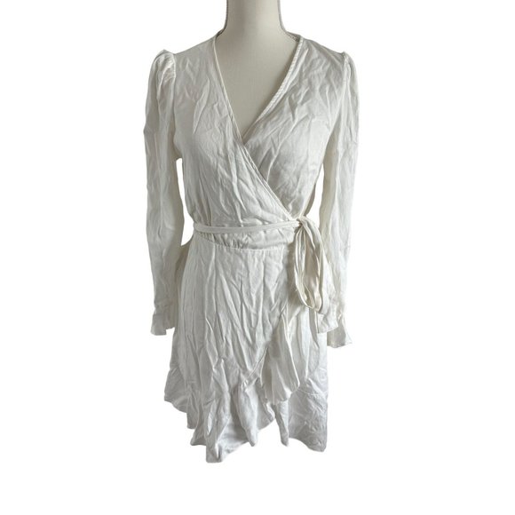 White Ruffle V Neck Wrap Dress Size Medium Unbranded - Picture 1 of 5